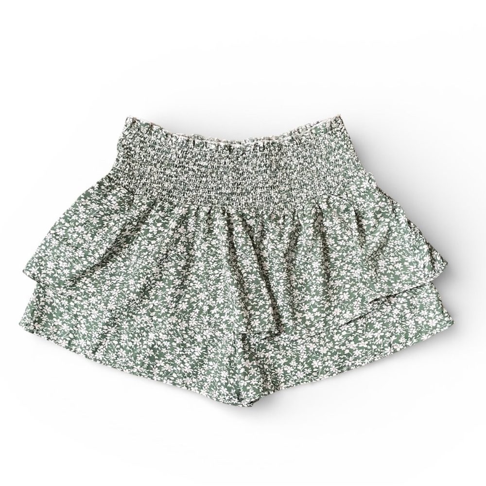 SHEIN Ruffle shorts Green Floral Print ruched waist flowy summer skort Womens XL